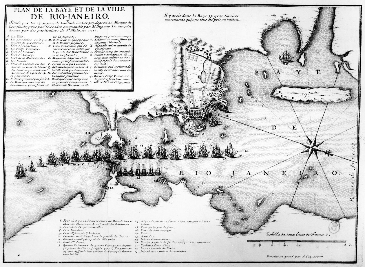Plano da Baía e da Cidade do Rio de Janeiro e a disposição das forças navais francesas e portuguesas durante o ataque francês em Duguay-Trouin em 1711, c.1730 de Antoine Coquart