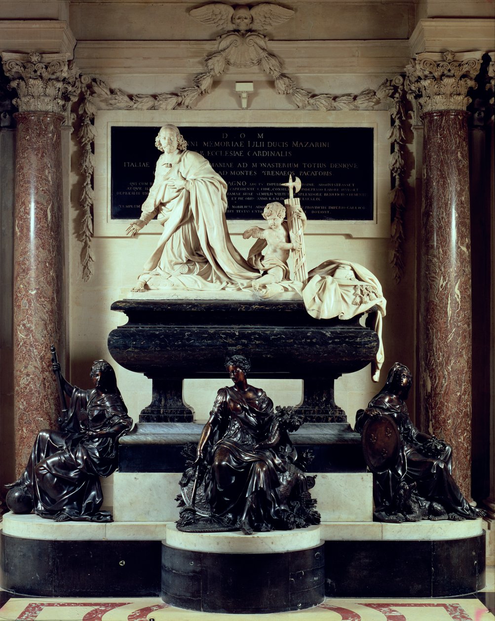 O túmulo do cardeal Jules Mazarin na capela do Institut de France, anteriormente o Colégio das Quatre-Nações, 1689-93 (mármore e bronze) de Antoine Coysevox
