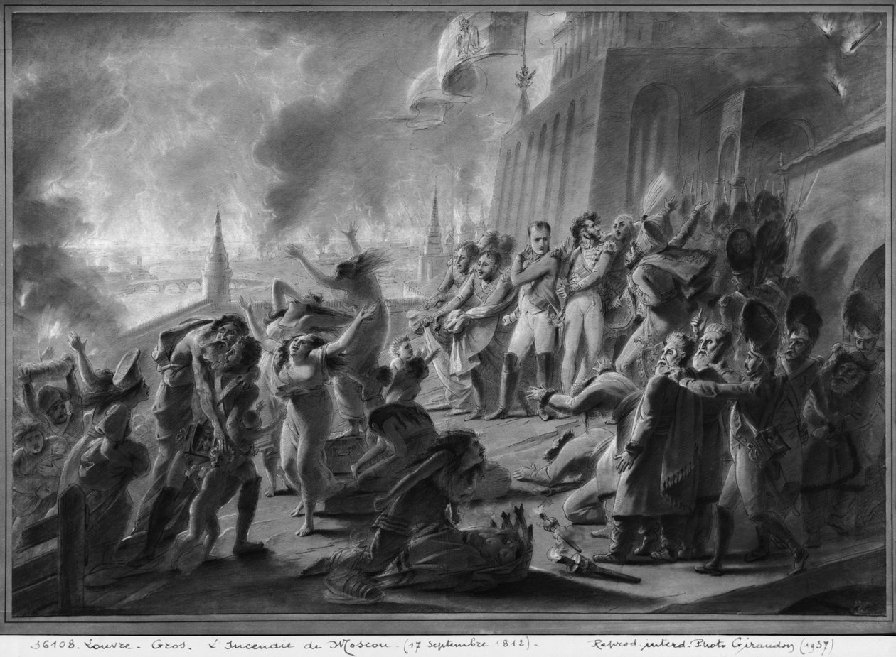 Incêndio de Moscou em setembro de 1812 (caneta e tinta marrom e cinza lavar e guache destaca no papel) de Antoine Jean Gros
