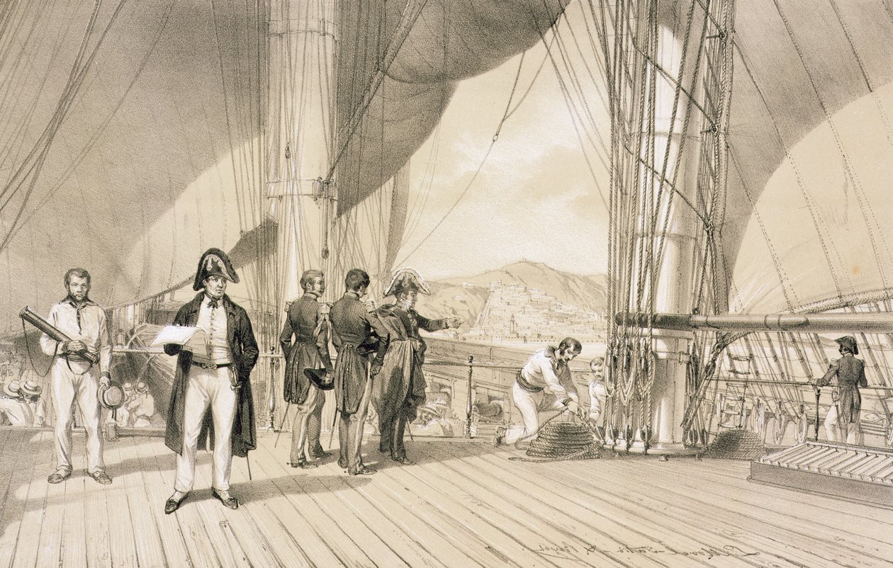 O conde de Bourmont e o almirante Duperre a bordo do l&39;Amiral à chegada a Argel, de um volume em comemoração à Força Expedicionária francesa que capturou Argel em 1830, gravado por Adolphe Jean-B de Antoine Leon Morel Fatio