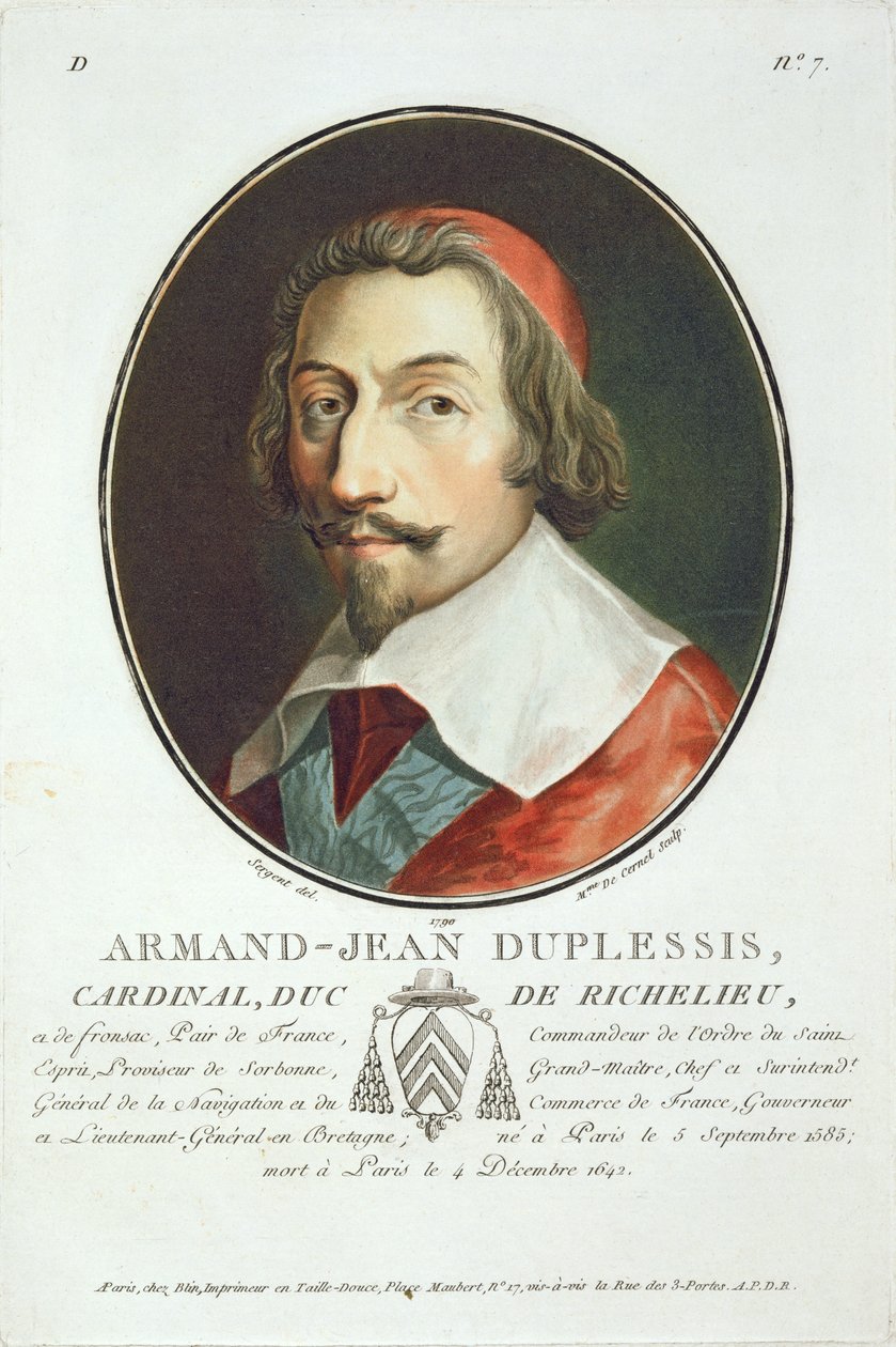 Armand Jean Duplessis, Cardeal, Duque de Richelieu (1585-1642), de "Retratos de Grandes Homens, Mulheres Ilustres e Assuntos Memoráveis da França", gravado por Mme de Cernel, publicado em 1787-92 (cor de Antoine Louis Francois Sergent Marceau