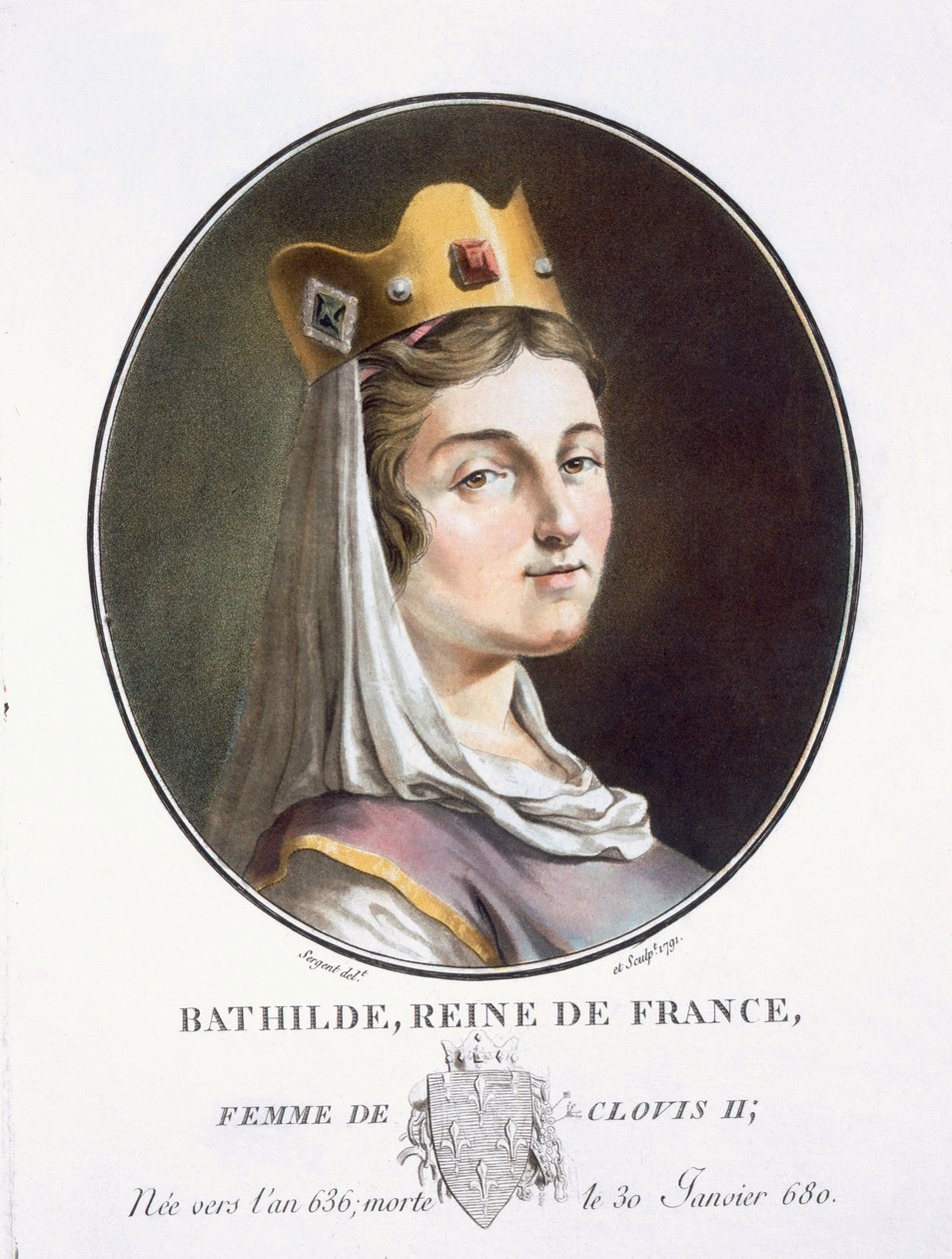 Bathilde, de &39;Retratos de grandes homens, mulheres ilustres e temas memoráveis da França, grave e impresso em cores&39;, publicado por Pierre Blin, 1786-92, Paris (gravura a cores) de Antoine Louis Francois Sergent Marceau