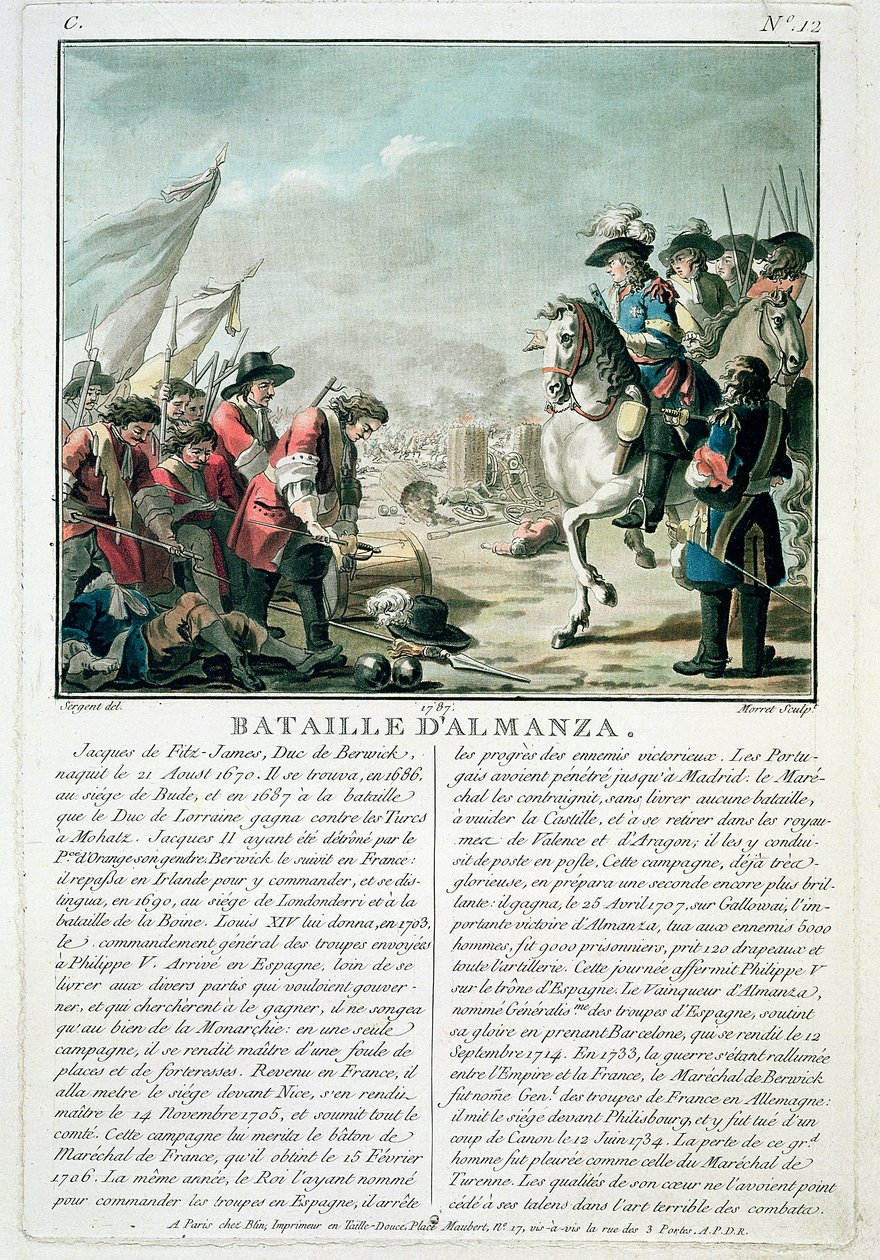 Batalha de Almansa, 25 de abril de 1707, gravada por Jean Baptiste Morret (fl.1790-1820), 1787 de Antoine Louis Francois Sergent Marceau