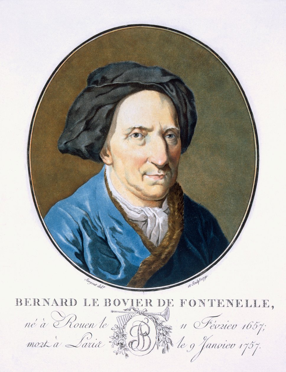 Bernard o Bovier de Fontenelle, de &39;Retratos de grandes homens, mulheres ilustres e assuntos memoráveis da França, grave e impresso em cores&39;, publicado por Pierre Blin, 1786-92, Paris (cor de Antoine Louis Francois Sergent Marceau