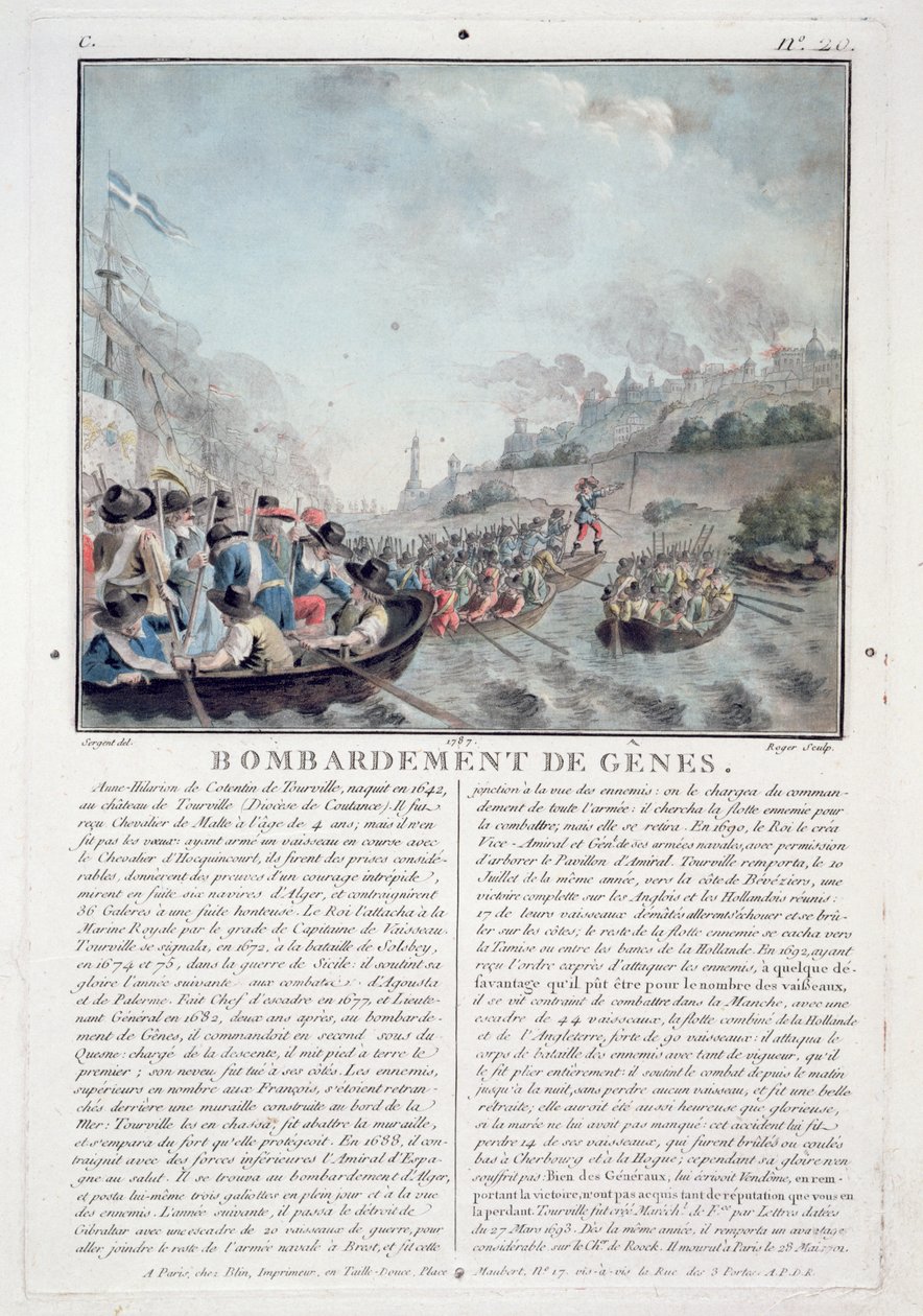 Bombardeio de Gênova, 1684, gravado por Jean Baptiste Morret (fl.1790-1820), 1787 de Antoine Louis Francois Sergent Marceau