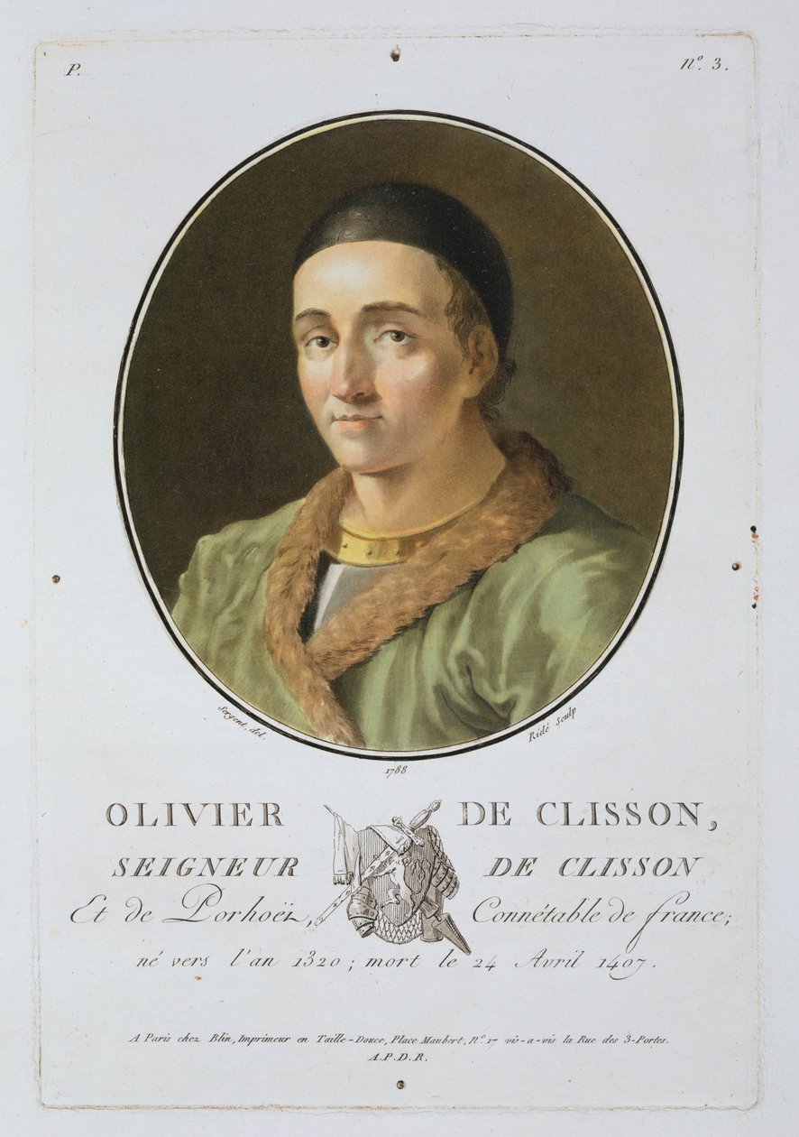 Olivier de Clisson (1336-1407) de &39;Retratos de grandes homens, mulheres ilustres e súditos memoráveis da França&39;, gravados por Ride, publicado em 1787-92. de Antoine Louis Francois Sergent Marceau