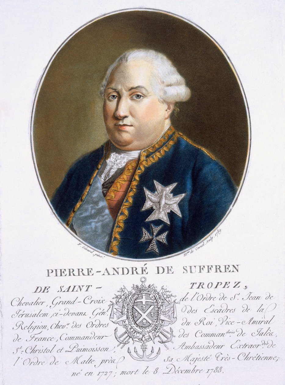 Pierre-André de Suffren, de St Tropez, de “Retratos de grandes homens, mulheres ilustres e temas memoráveis da França, grave e impresso em cores”, publicado por Pierre Blin, 1786-92, Paris (col de Antoine Louis Francois Sergent Marceau