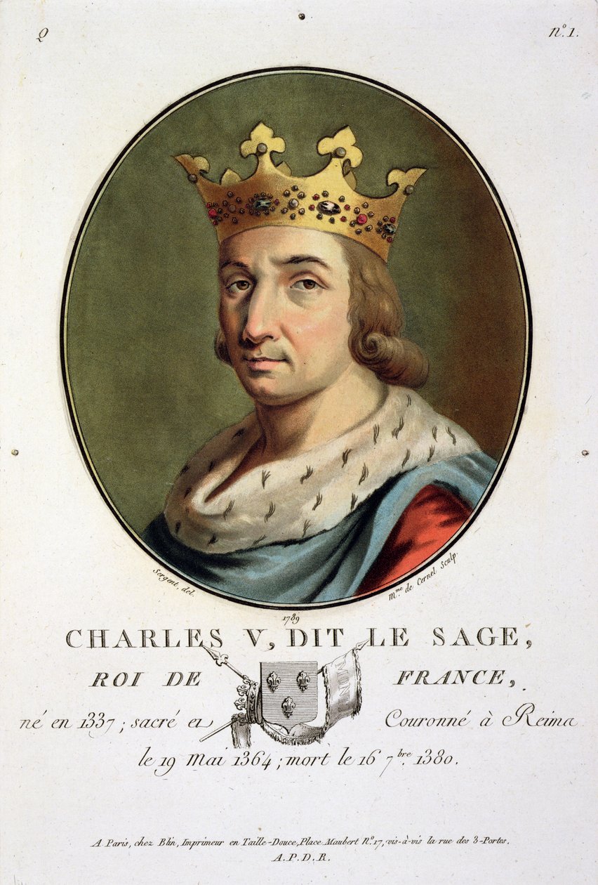 Retrato de Carlos V, Chamado Rei "Sábio" da França (1337-1880) gravado por Madame de Cernel, 1789 de Antoine Louis Francois Sergent Marceau