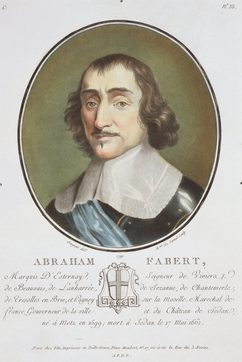 Abraham de Fabert (1599-1662) de "Retratos dos Grandes Homens, Mulheres Ilustres e Assuntos Memoráveis da França", gravado por Mme de Cernel, publicado em 1787-92. de Antoine Louis Francois Sergent Marceau