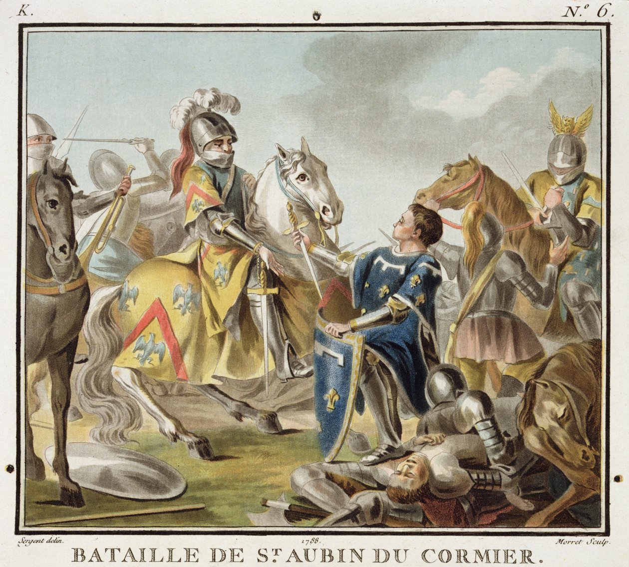 Batalha de St Aubin du Cormier em 1488, gravada por Jean Baptiste Morret (fl. 1790-1820) 1788 de Antoine Louis Francois Sergent Marceau