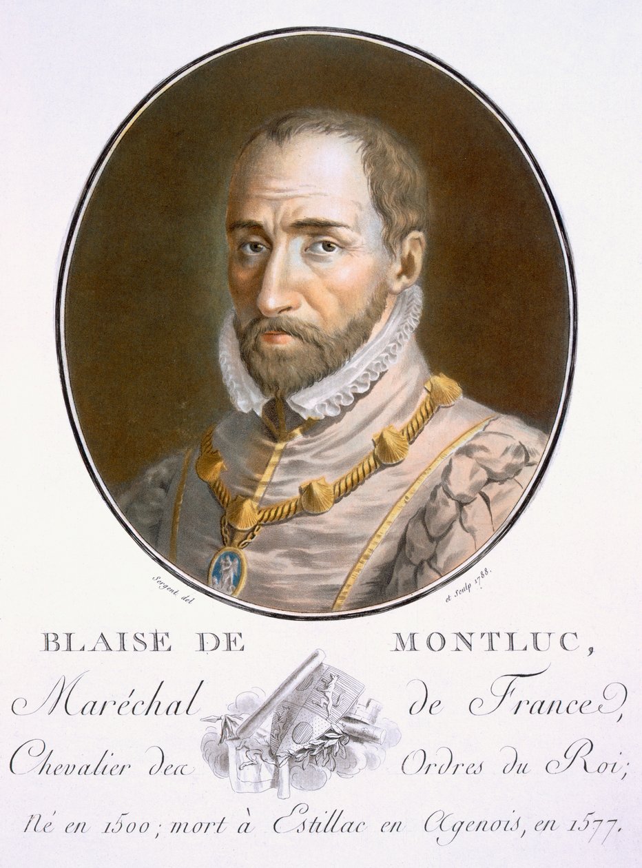 Blaise de Montluc, de Retratos dos Grandes Homens, Mulheres Ilustres e Assuntos Memoráveis da França, Graves e Impressos em Cores, publicado por Pierre Blin, 1786-92, Paris (gravura colorida) de Antoine Louis Francois Sergent Marceau