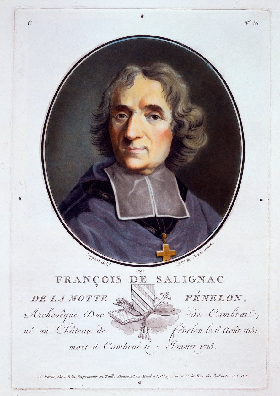 François Fénelon, de Retratos dos Grandes Homens, Mulheres Ilustres e Assuntos Memoráveis da França, Graves e Impressos em Cores, publicado por Pierre Blin, 1786-92, Paris (gravura colorida) de Antoine Louis Francois Sergent Marceau