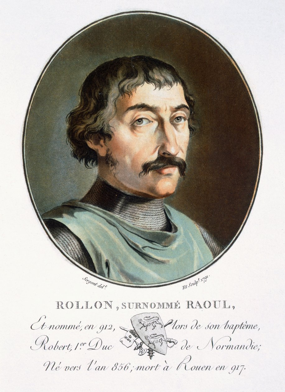 Rollo o Dinamarquês, Duque da Normandia, de &39;Retratos dos Grandes Homens, Ilustres Mulheres e Assuntos Memoráveis da França, Sério e Impresso em Cores&39;, publicado por Pierre Blin, 1786-92, Paris (cor de Antoine Louis Francois Sergent Marceau