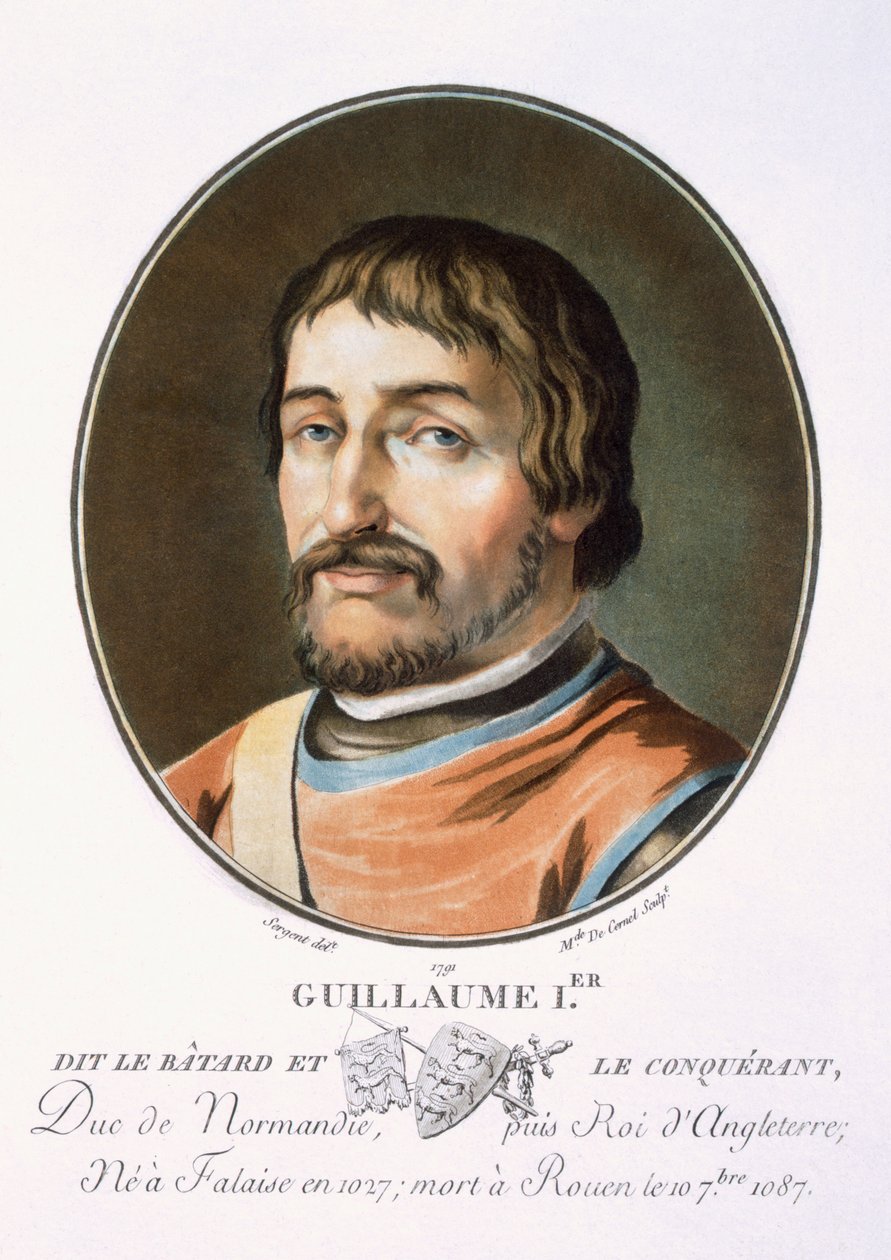 Guilherme, o Conquistador, de “Retratos de grandes homens, mulheres ilustres e súditos memoráveis da França, sérios e impressos em cores”, publicado por Pierre Blin, 1786-92, Paris (gravura colorida) de Antoine Louis Francois Sergent-Marceau
