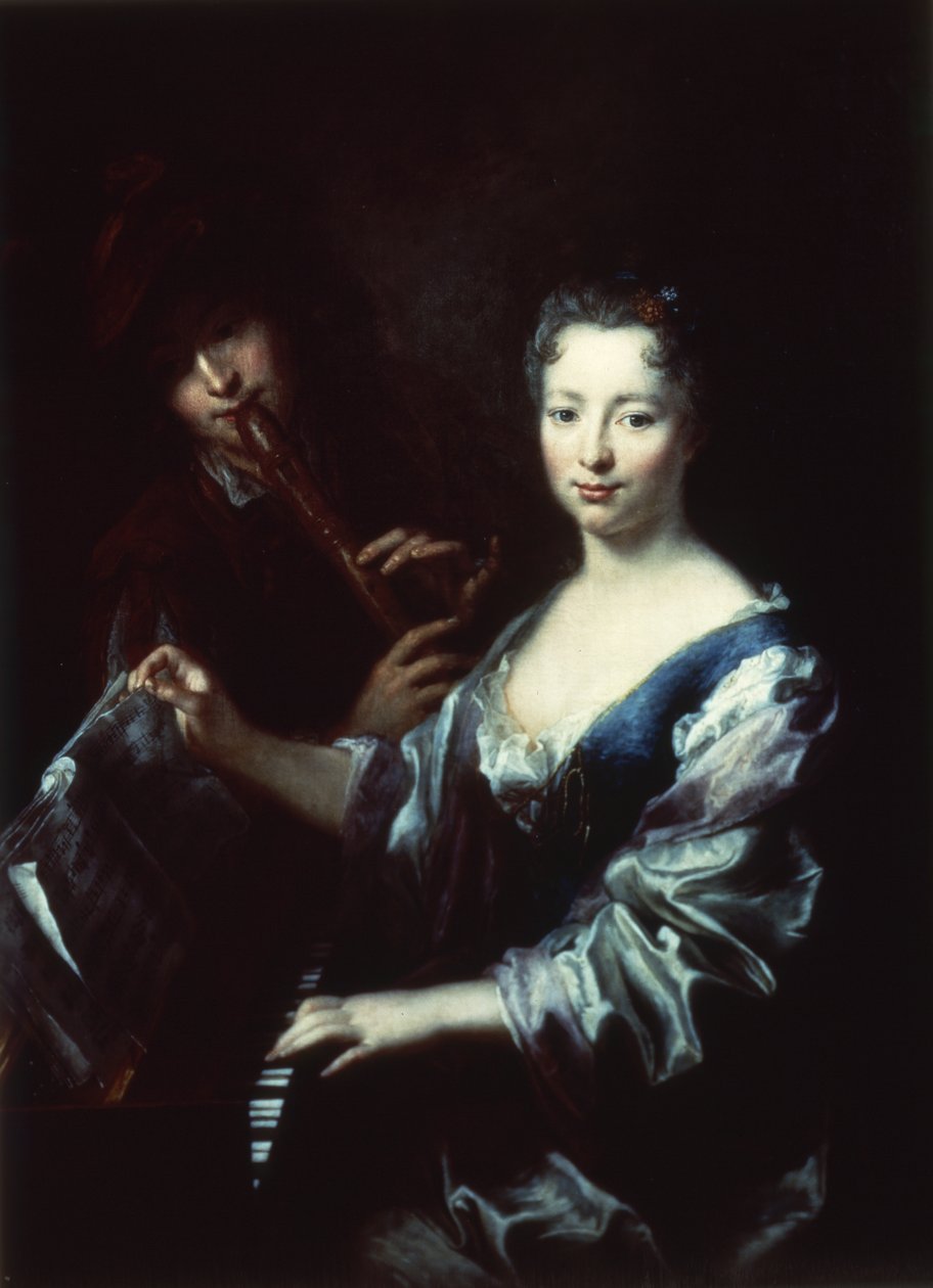 Lady tocando um spinet e um flautista de Antoine Pesne