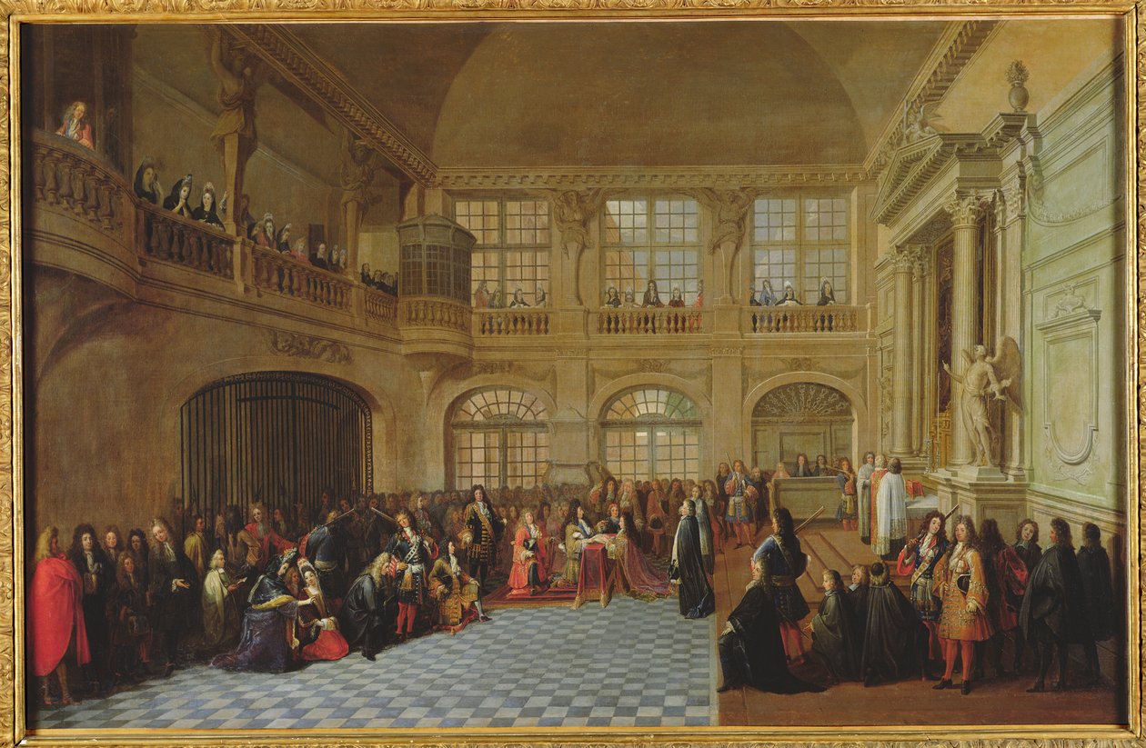 Philippe de Courcillon (1638-1720) Marquês de Dangeau prometendo seu juramento ao rei Luís XIV (1638-1715) em 1695, final do século XVII de Antoine Pezey