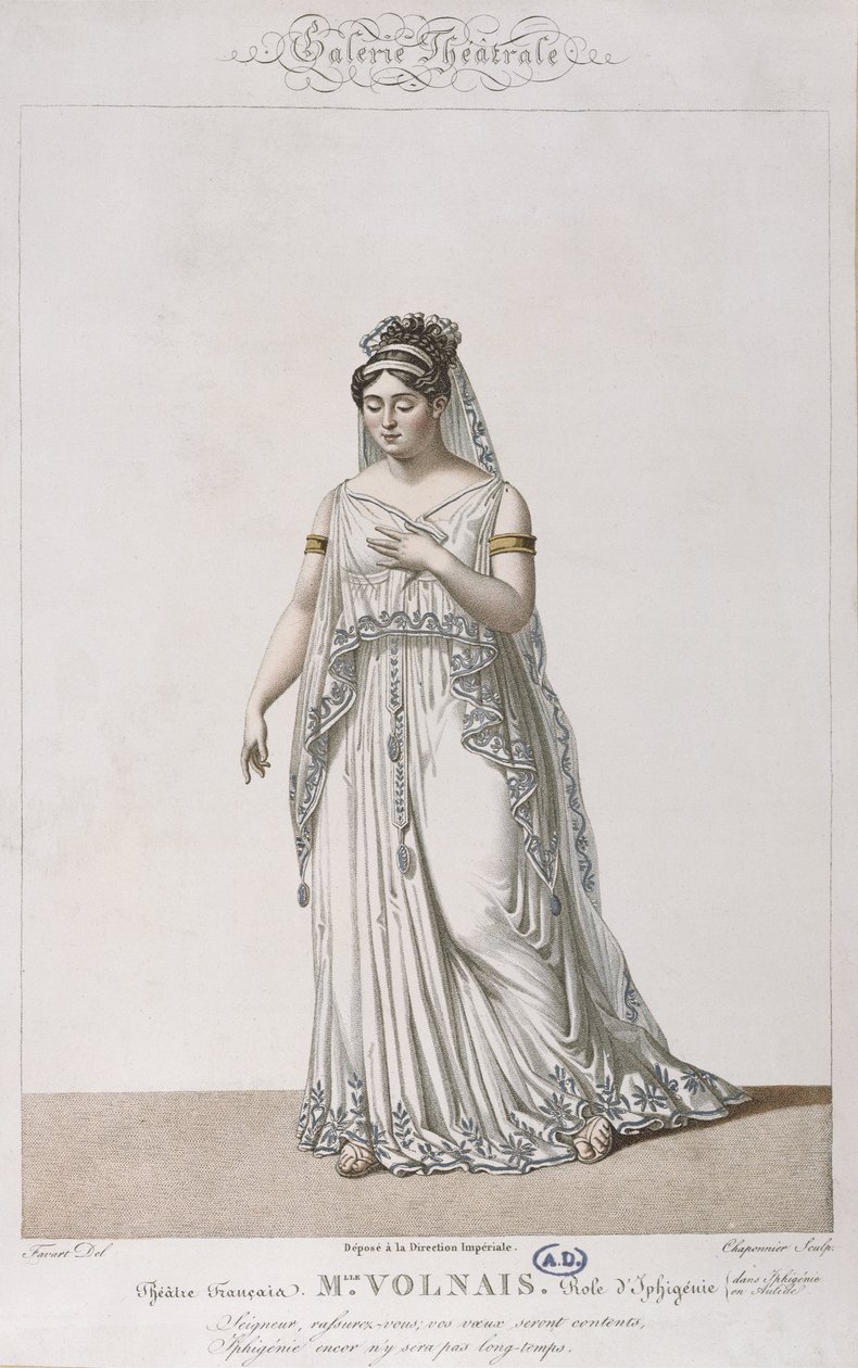 Retrato de Madame Volnais no papel de Iphigenia, para Ifigênia em Aulis por Christoph von Gluck (1714-1787) para a galeria Theatrical series, c.1815 de Antoine Pierre Charles Favart