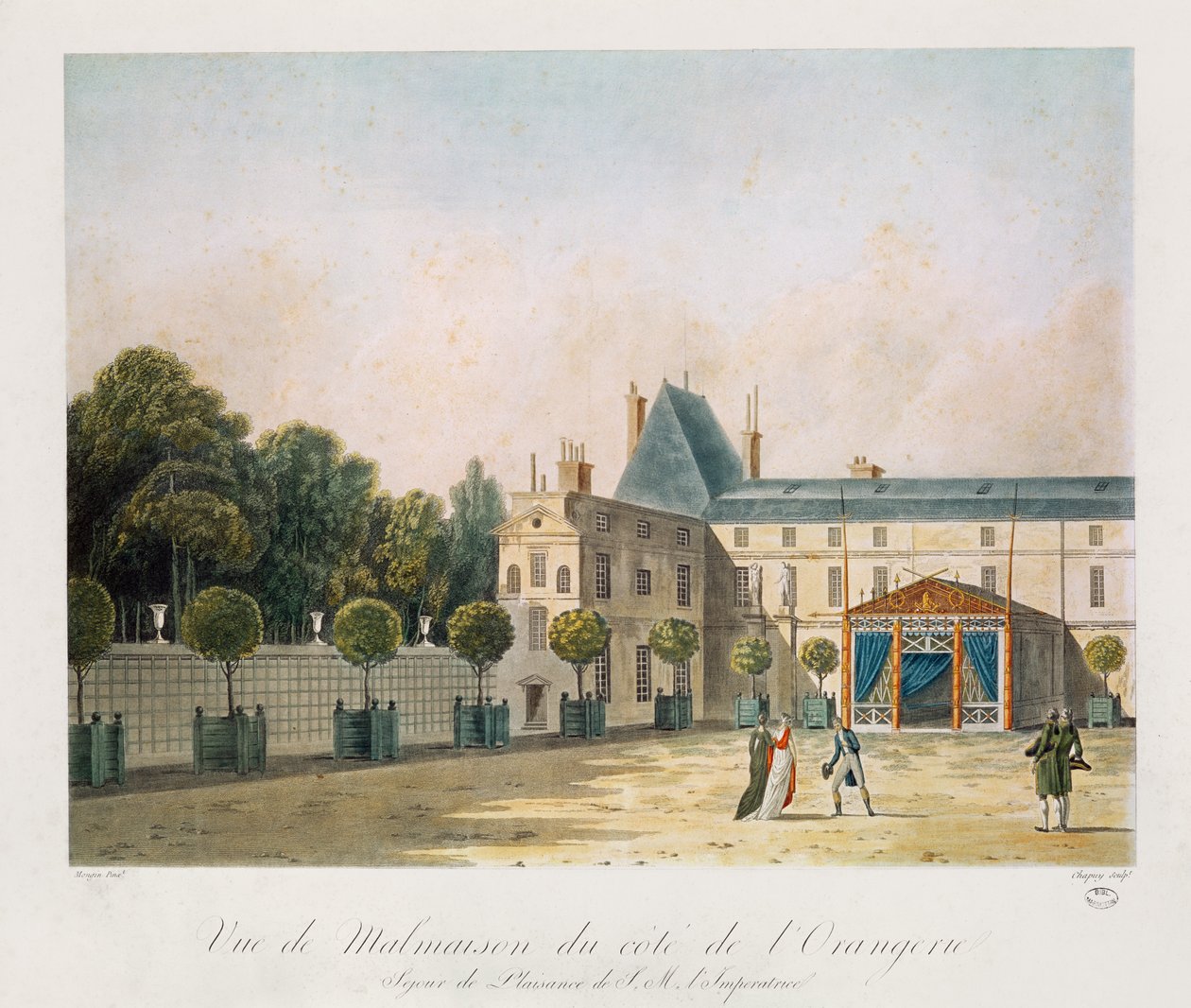 Vista de Malmaison do laranjal, gravada por Nicolas Chapuy, c.1810s de Antoine Pierre Mongin