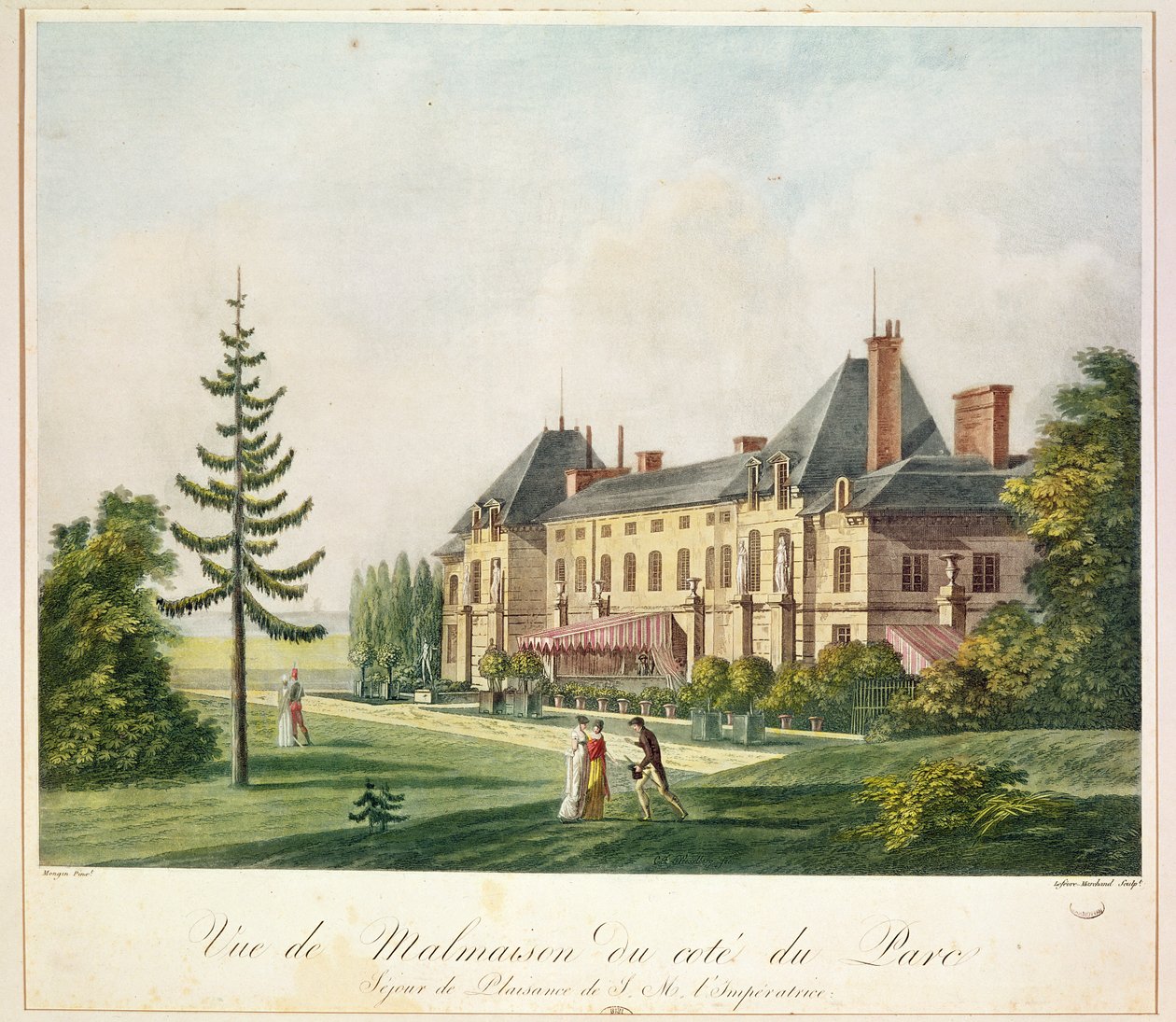 Vista de Malmaison do parque, gravada por Marchand Lefebvre, c.1790-1810 de Antoine Pierre Mongin
