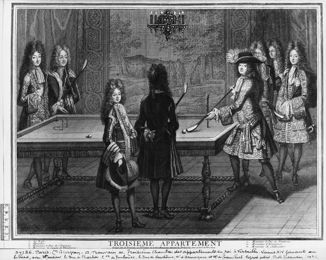 Luís XIV a jogar bilhar com o seu irmão, Monsieur, o seu sobrinho, o duque de Chartres, o seu filho, o conde de Toulouse e outros familiares e cortesãos, o duque de Vendome, Monsieur d&39;Armagnac e M de Antoine Trouvain