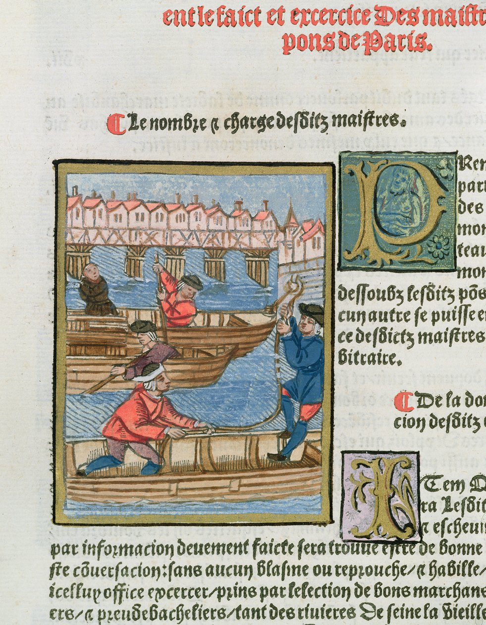 Barqueiros no rio Sena, de &39;Ordens Reais da Jurisdição dos Antigos Comerciantes da Cidade de Paris&39;, 1528 (wc e guache sobre papel) de Antoine Verard