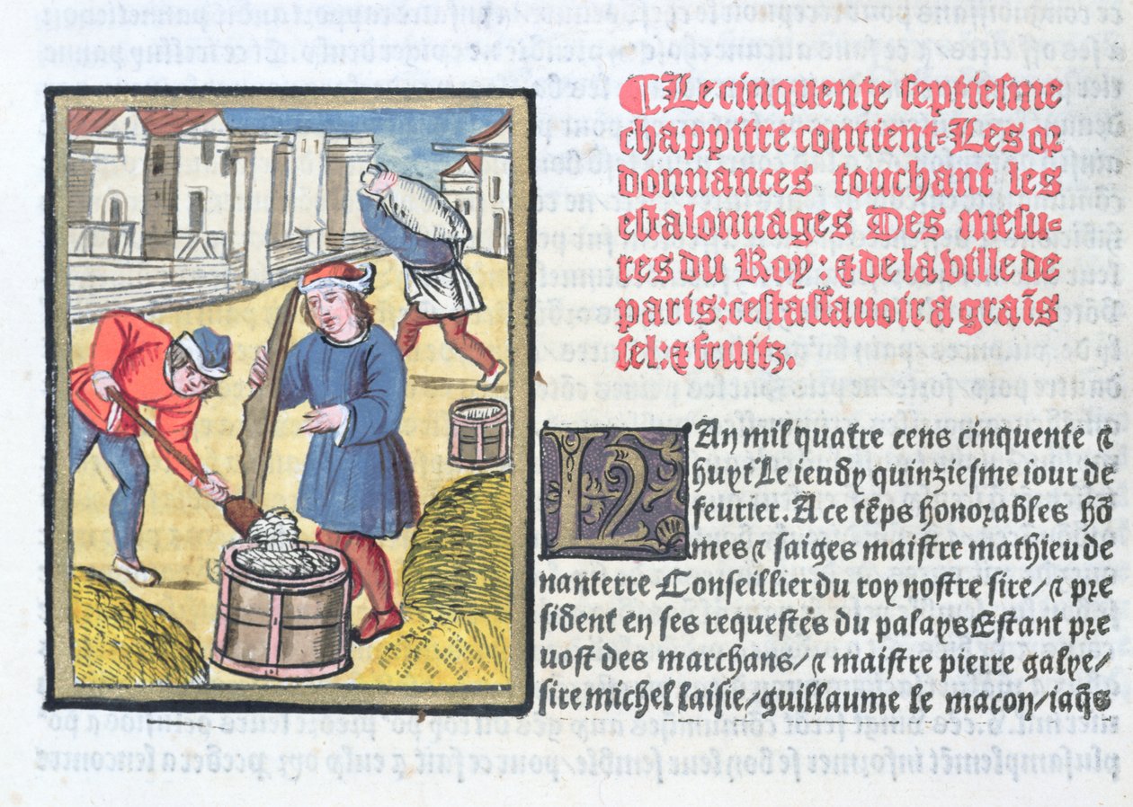 Medição de Argamassa (ou gesso), de &39;Ordens Reais da Jurisdição dos Mercadores da Cidade de Paris&39;, publicada em 1528 (wc e guache sobre papel) de Antoine Verard