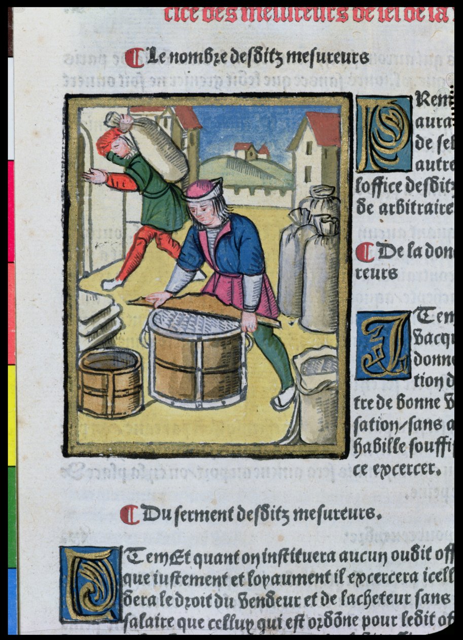 Medindo o sal, de &39;Real Ordinances of the Jurisdiction of the Prevote of the Merchants of the City of Paris&39;, 1528 (wc e guache sobre papel) de Antoine Verard