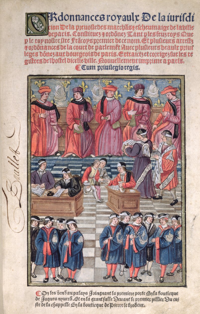 Reitor de comerciantes e vereadores de Paris, cena da arrecadação de impostos, página de rosto de &39;Ordens Reais da Jurisdição da Previdência dos Mercadores e Echevinage da Cidade de Paris&39;, 1501, ed. de Antoine Verard