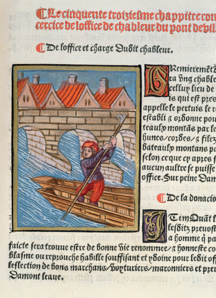 O &39;Chableur&39;, das &39;Ordenações Reais da Jurisdição dos Antigos dos Mercadores da Cidade de Paris&39;, 1528 (wc e guache sobre papel) de Antoine Verard