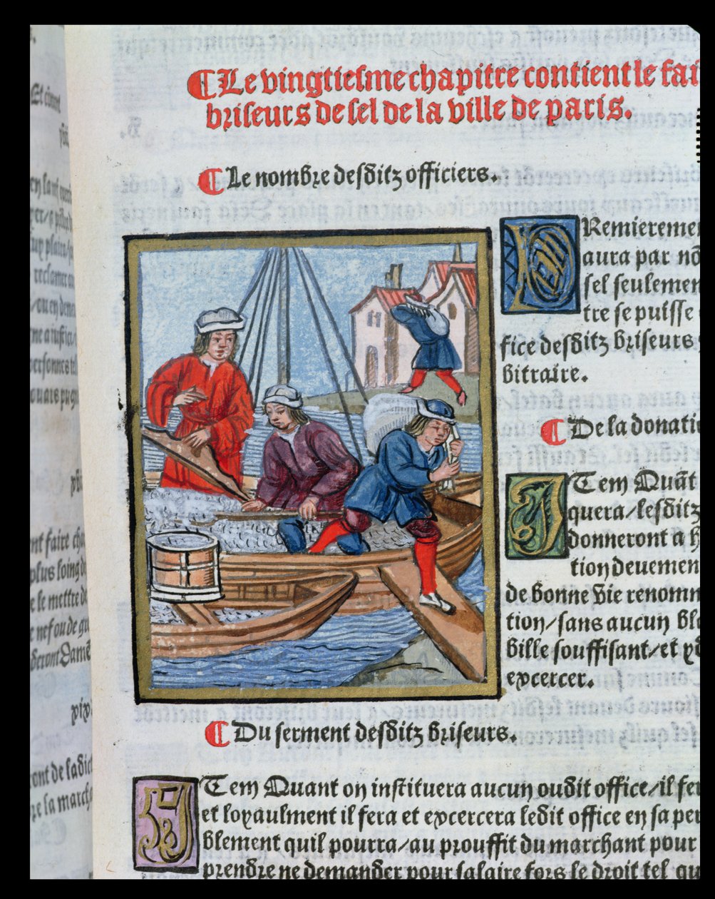 A Medida e o Transporte do Sal, das "Ordens Reais da Jurisdição dos Antigos Comerciantes da Cidade de Paris", 1528 (wc e guache sobre papel) de Antoine Verard
