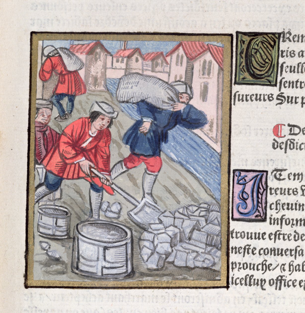A medida e o transporte do carvão, das "Ordens Reais da Jurisdição dos Antigos Comerciantes da Cidade de Paris", 1528 (wc e guache sobre papel) de Antoine Verard