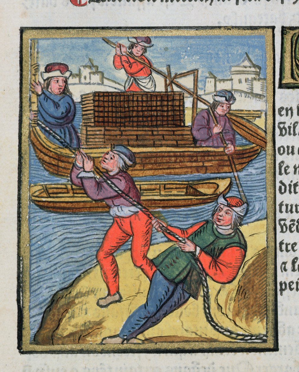 Transporte de madeira no rio Sena, a partir de &39;Real Ordinances of the Jurisdiction of the Prevote of the Merchants of the City of Paris&39;, 1528 (wc e guache sobre papel) de Antoine Verard