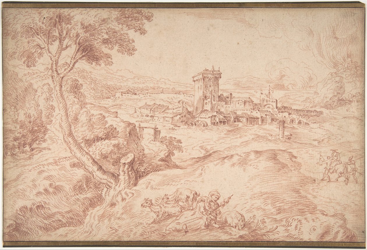 Paisagem, com, um, mulher velha, segurando, um, fuso de Jean Antoine Watteau