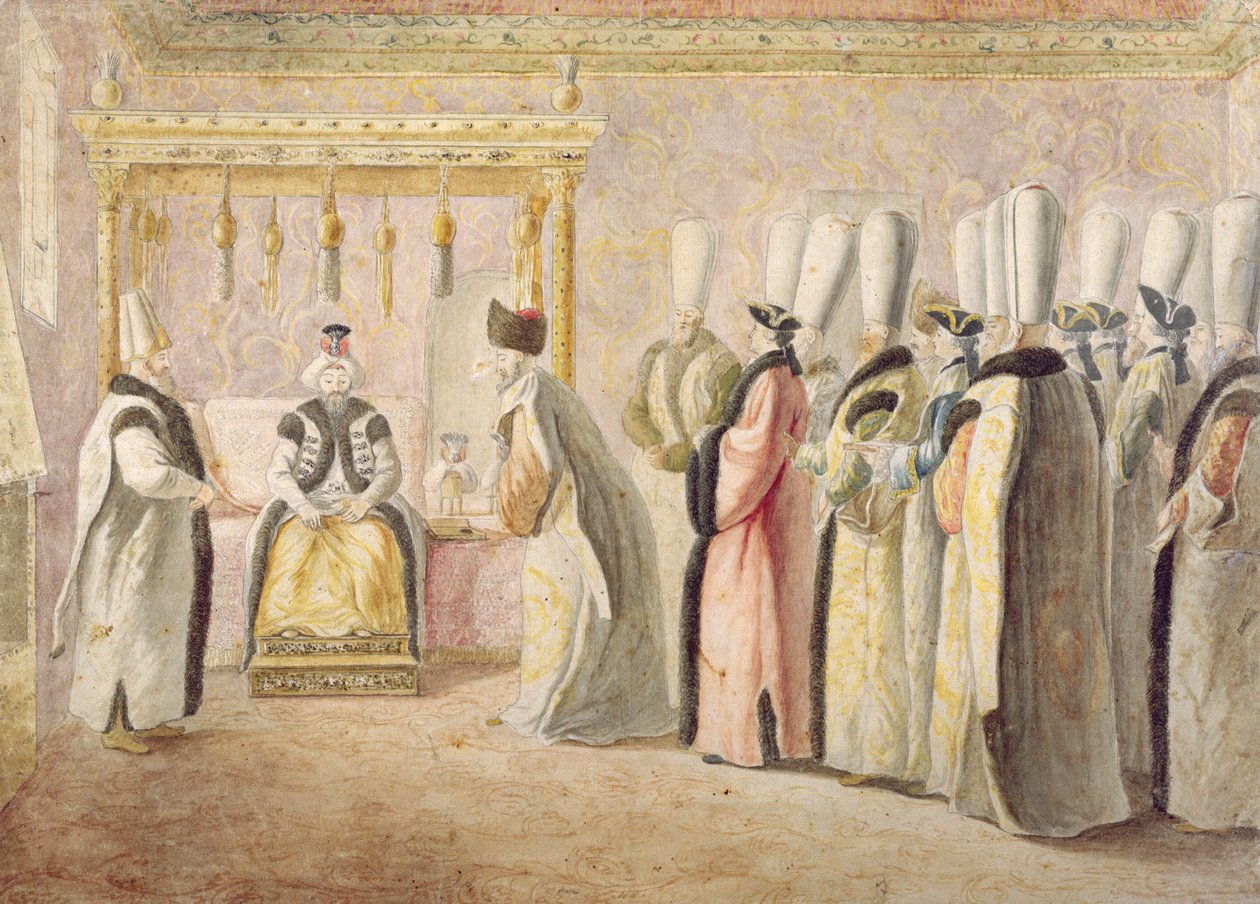 Audiência de despedida do embaixador francês Charles Gravier (1717-87), conde de Vergennes, com o sultão Mustafa III (1717-74) em Constantinopla em 17 de dezembro de 1768 de Antoine de Favray