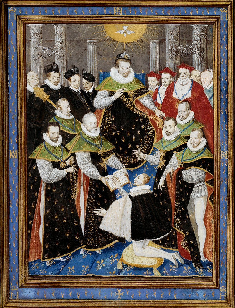 Rei Henrique III (1551-1589) presidindo a primeira cerimónia da Ordem do Espírito Santo (Ordem do Espírito Santo) em 1587 Miniatura de William Richardiere (século XVI) depois de Antoine Caron (1521-1599) 1587 Chantilly, Musee Conde - Rei Henrique III (15 de Antoine (after) Caron
