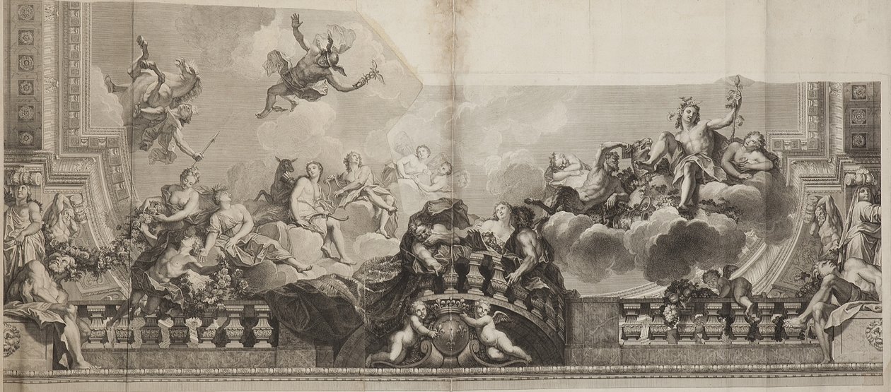 Projeto do Painel Central do Teto da Grande Galeria do Palais Royal, gravado por Nicolas Henri Tardieu (1674-1749) de Antoine (after) Coypel