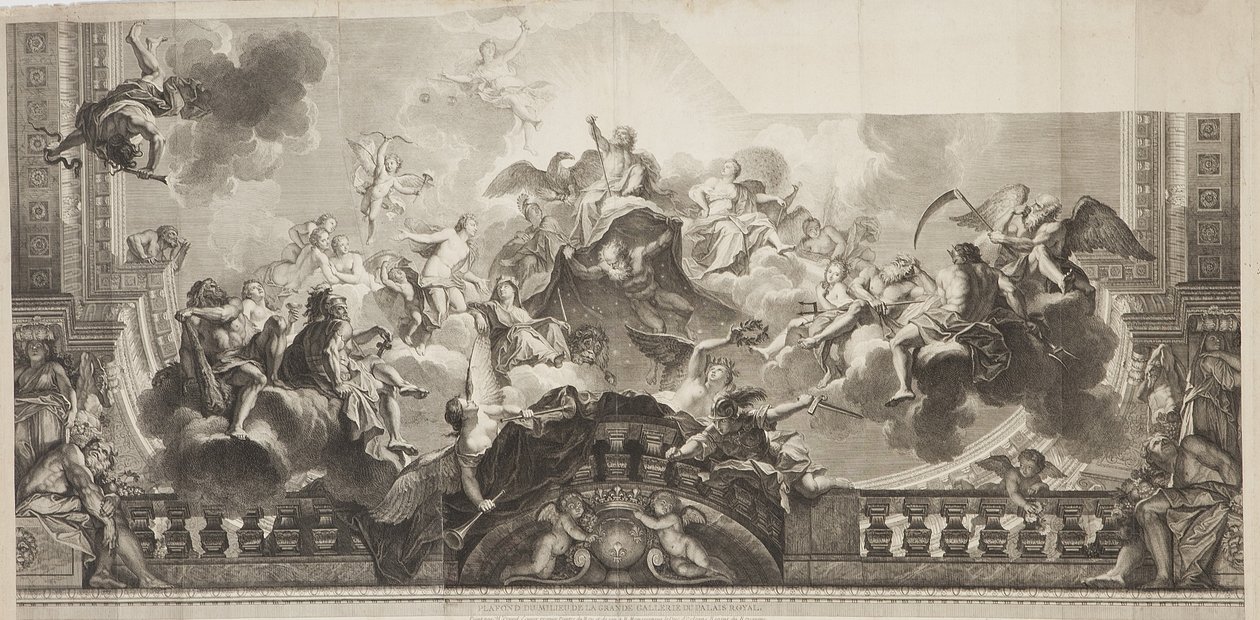Design do Painel do Centro de Tecto da Grande Galeria do Palácio Real, gravado por Nicolas Henri Tardieu (1674-1749) de Antoine (after) Coypel