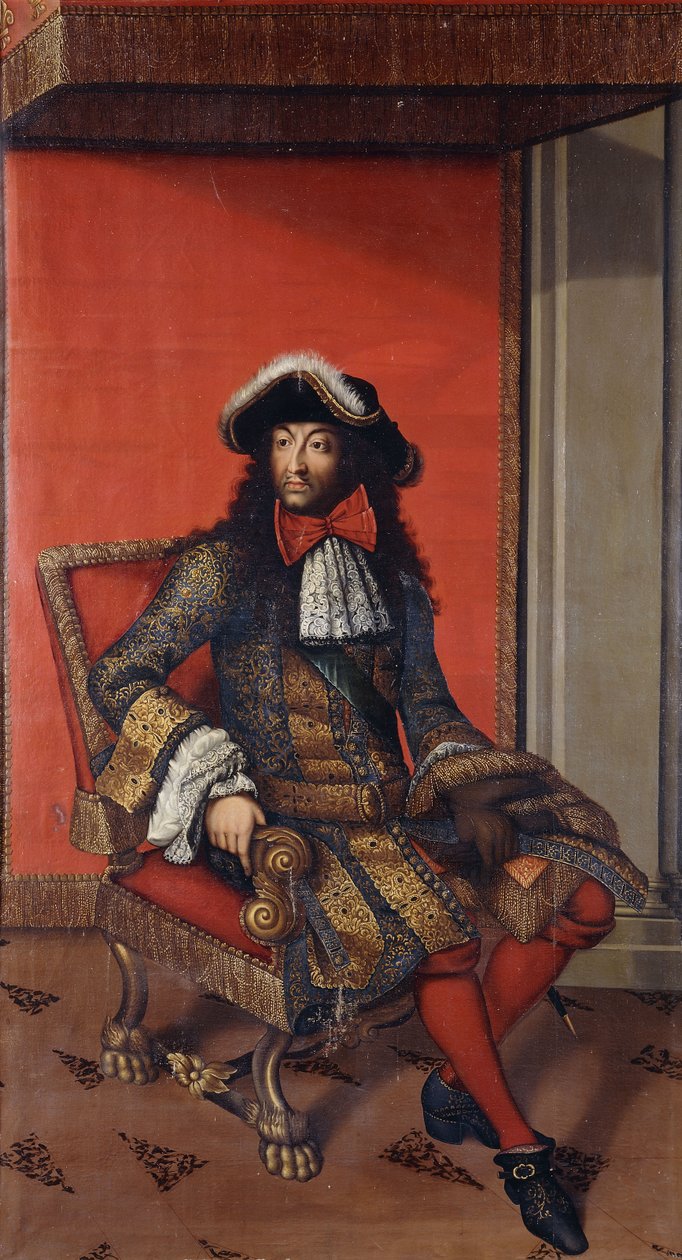 Retrato do Rei Luís XIV, sentado a todo o comprimento, com um casaco azul e dourado bordado, com um rufo branco e um chapéu aparado de pele, sobre um trono (óleo sobre tela, sem forro) de Antoine (after) Dieu