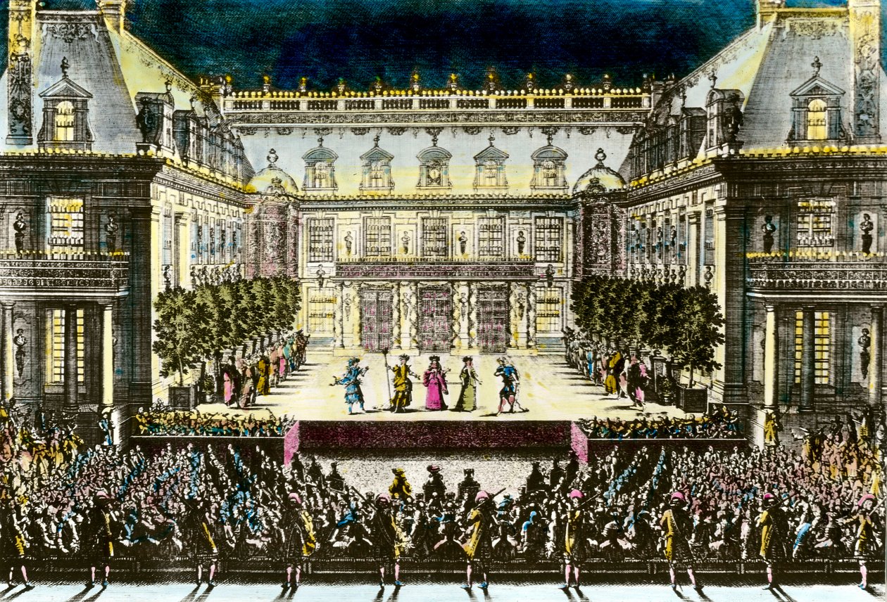 Representação da tragédia da ópera Alceste, ou o Triunfo de Alcide" de Jean Baptiste Lully (Giovanni Battista Lulli) (1632-1687) após um libreto de Philippe Quinault (1635-1688) em 7/07/1674 no pátio de mármore do castelo de Versalhes no oc de Antoine (after) Le Pautre