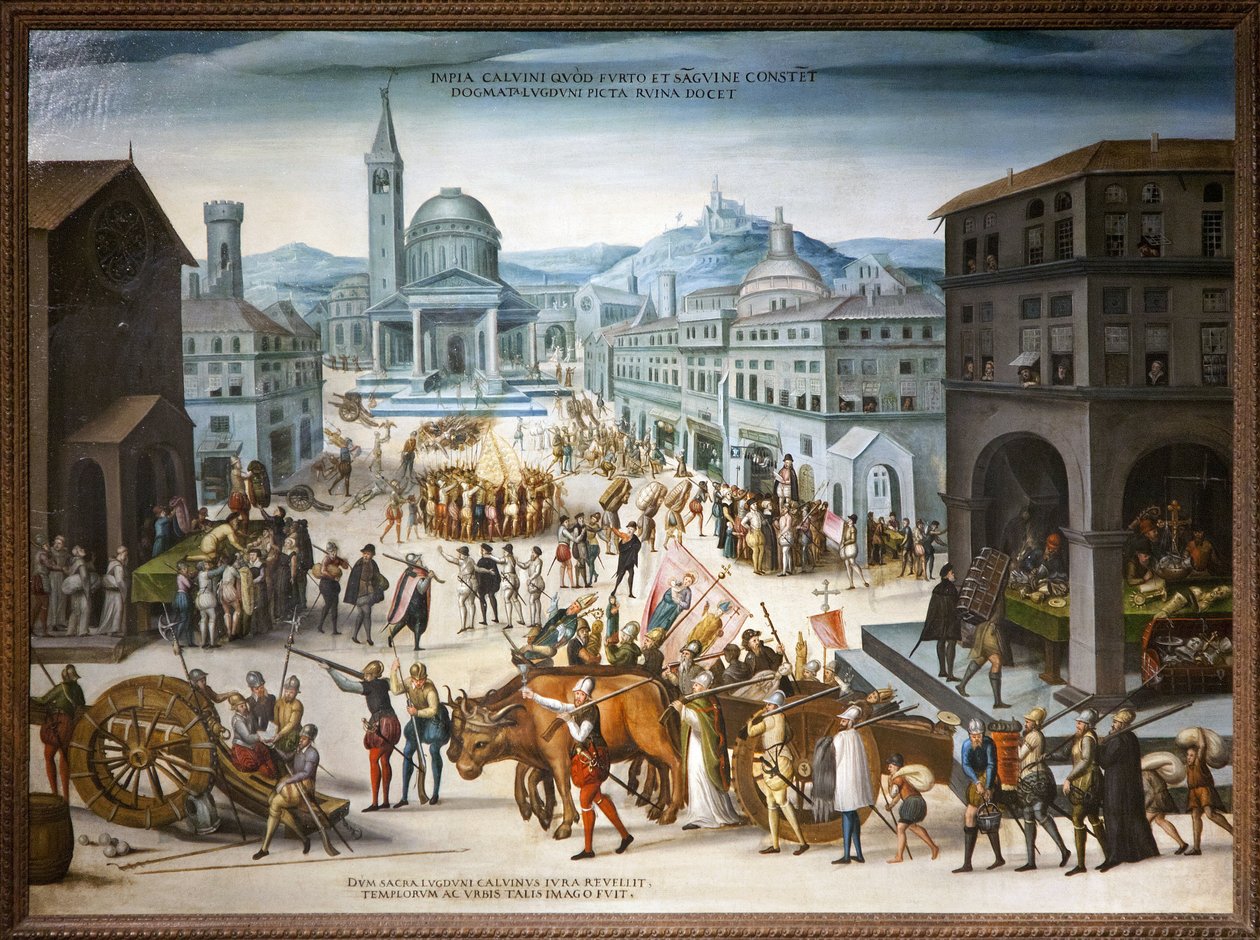 Sac de Lyon pelos Calvinistas, em 1562. O iconoclasta protestante actua contra o culto das imagens religiosas da Igreja Católica. Durante a primeira guerra das religiões, as reformas lideradas pelo Barão des Adrets levaram a Câmara Municipal e os centros v de Antoine (school of) Caron