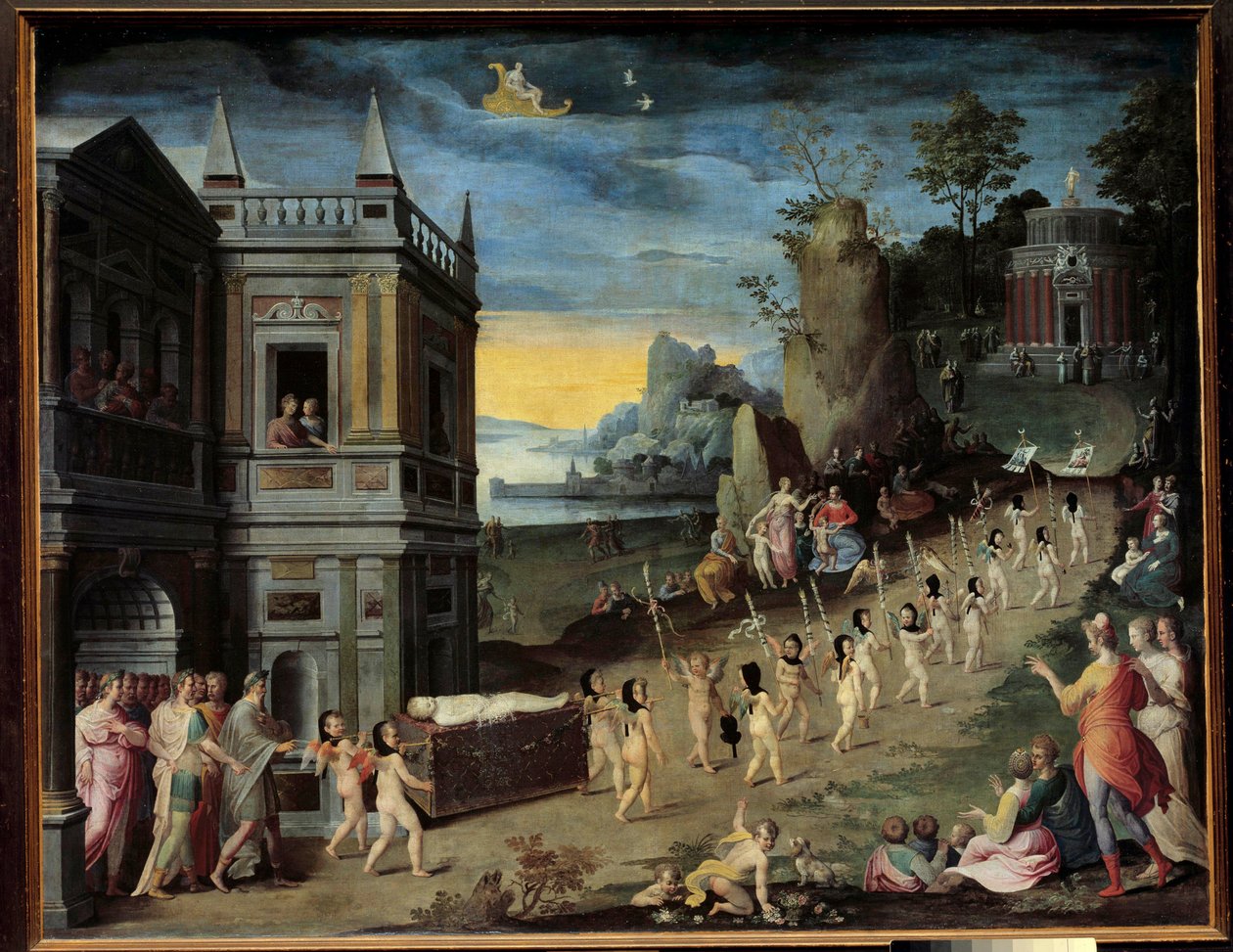 Alegoria: o funeral do Amor Uma procissão fúnebre carregando o corpo de Eros vai em direção ao templo de Vênus. Pintura da oficina de Antoine Caron (1521-1599) de Antoine (studio of) Caron