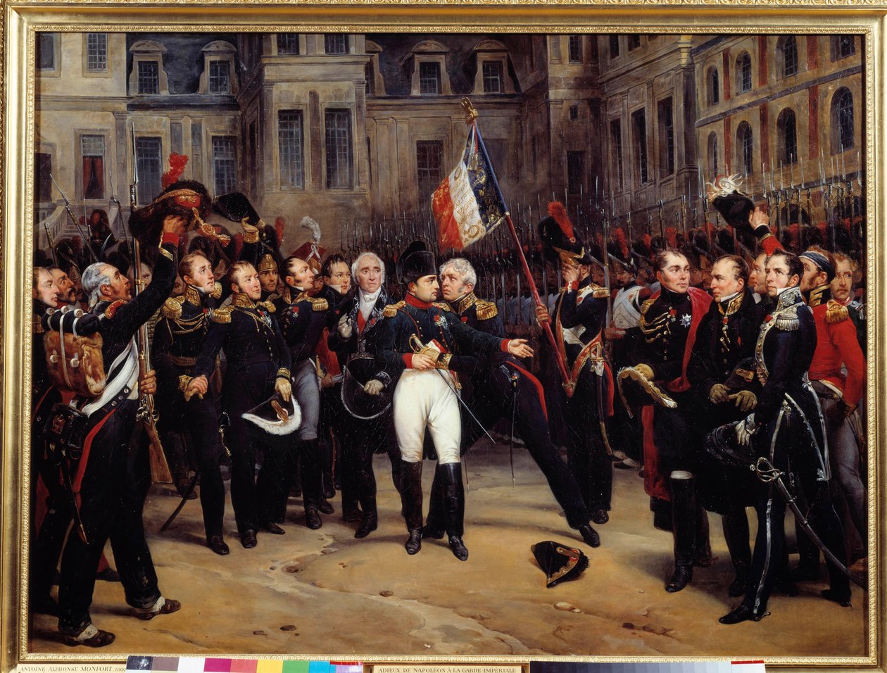 Abdicação de 1814 - "A despedida de Napoleão Bonaparte (1769-1821) à guarda imperiosa no pátio do Cheval Blanc em Fontainebleau em 20/04/1814" Pintura de Antoine Montfort (1802-1884) Sol do século XIX. 0,98x1,3 m de Antoine Alphonse Montfort