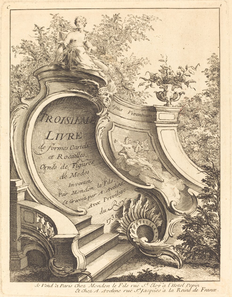 Terceiro livro de formas Cartéis e Rocailles (Página de título) de Antoine Aveline after Jean Mondon