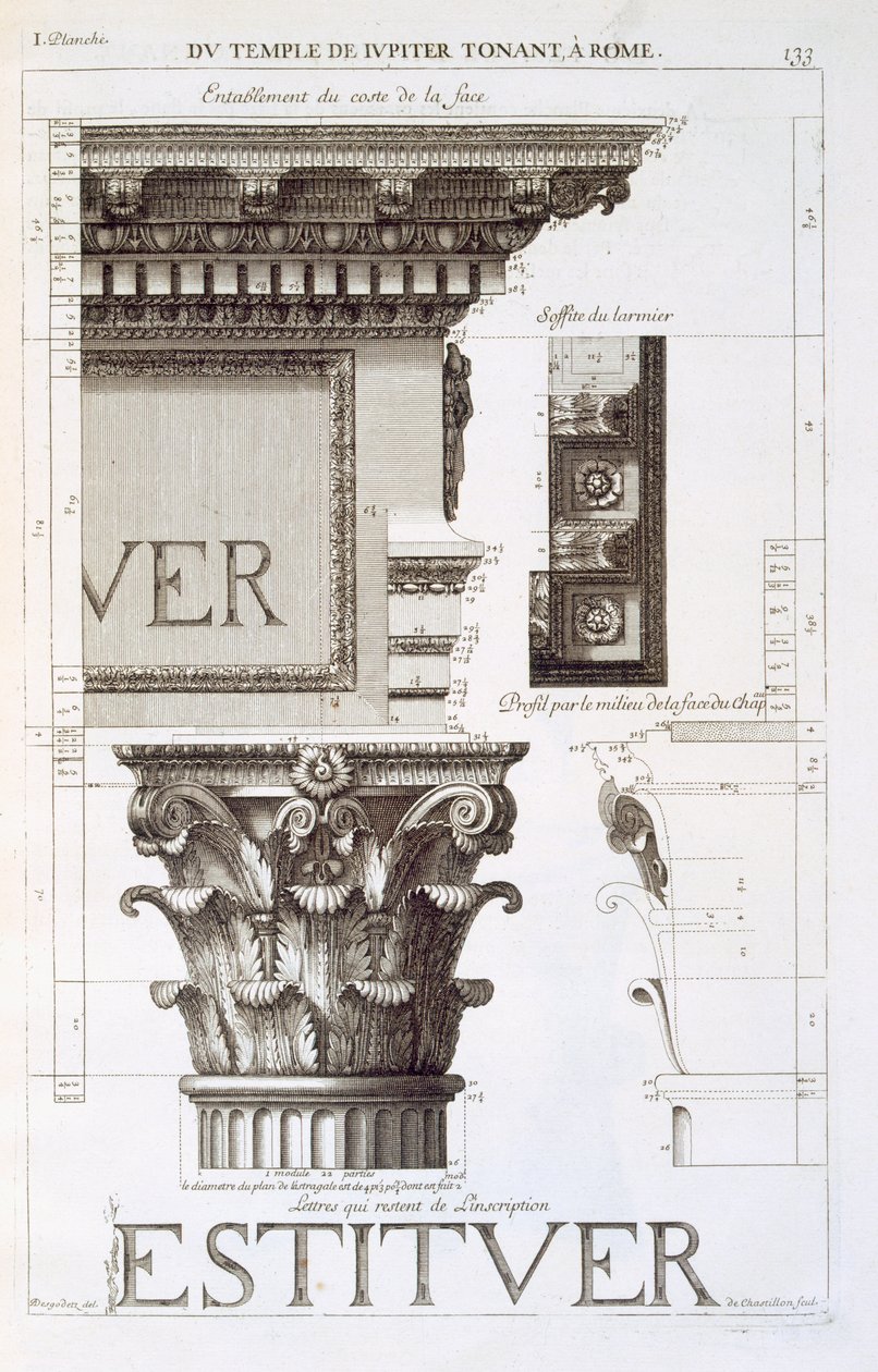 Entablamento, capital e inscrição do Templo de Jupiter Tonans (O Trovejante), de &39;Les Edifices Antiques de Rome&39;, 1682 de Antoine Babuty Desgodets