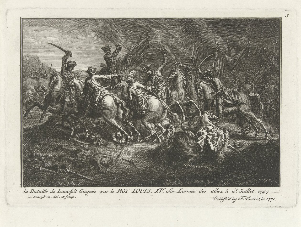 Vista da Batalha de Lauffeldt (Lafeld, perto de Maastricht) em 2 de julho de 1747 durante a Guerra da Sucessão Austríaca de Antoine Benoist