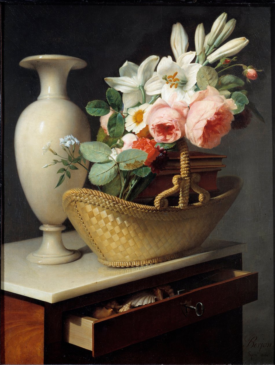 Bouquet de lírios e rosas num cesto colocado sobre um pano Pintura de Antoine Berjon (1754-1843) 1814 Sol. 0,66x0,49 m . de Antoine Berjon