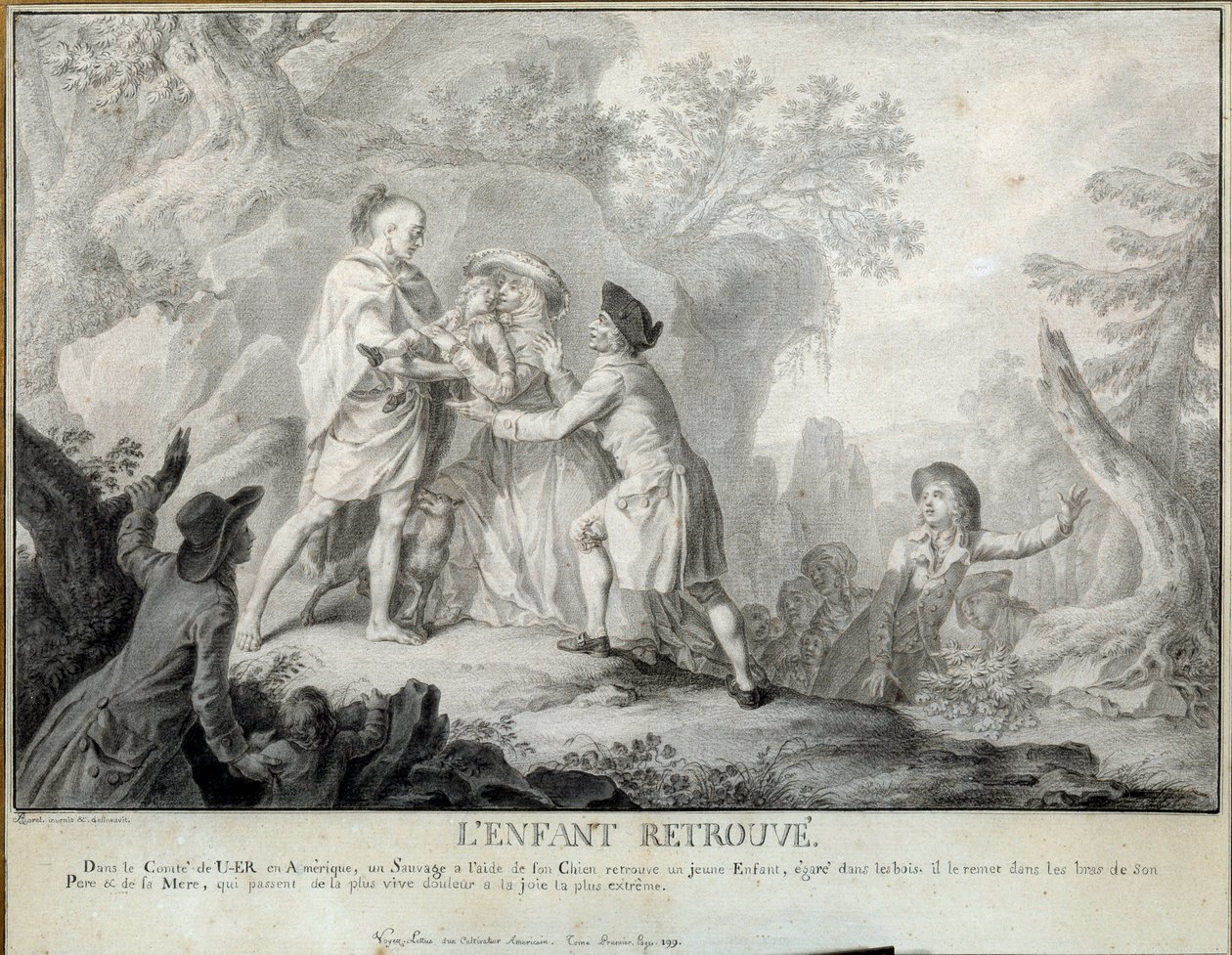 A criança encontra a Ilustração das "Cartas de um Agricultor Americano" de São João de Crevecoeur. Litografia de Antoine Borel (1743-1810) 1783, aproximadamente. Blerancourt. Musee Franco-Americano de Antoine Borel