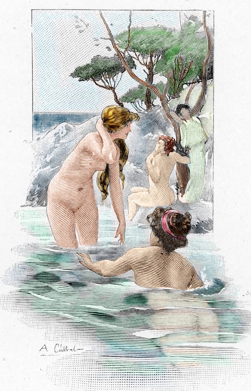 Odisseu de Homere: "Nausicaa, filha do rei Alcinous, e suas servas lavando as suas roupas no rio" Ilustração de Antoine Calbet (1860-1944) para "The odyssee" do poeta grego Homere (Odisseia de Homero) 1897 Colecção privada de Antoine Calbet