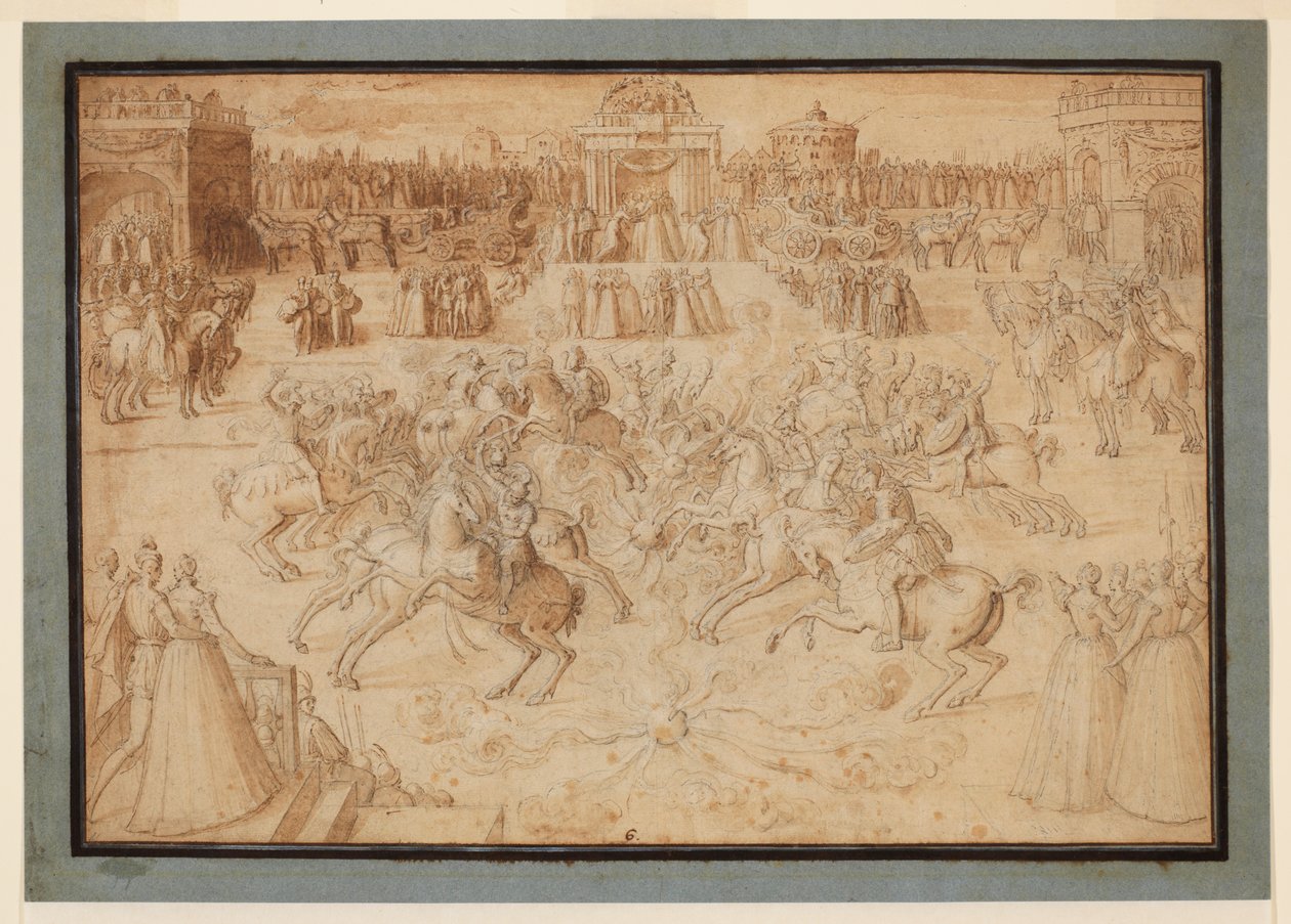 Um jogo equestre com cavaleiros competindo entre fogos de artifício, 1575-c.1580 de Antoine Caron