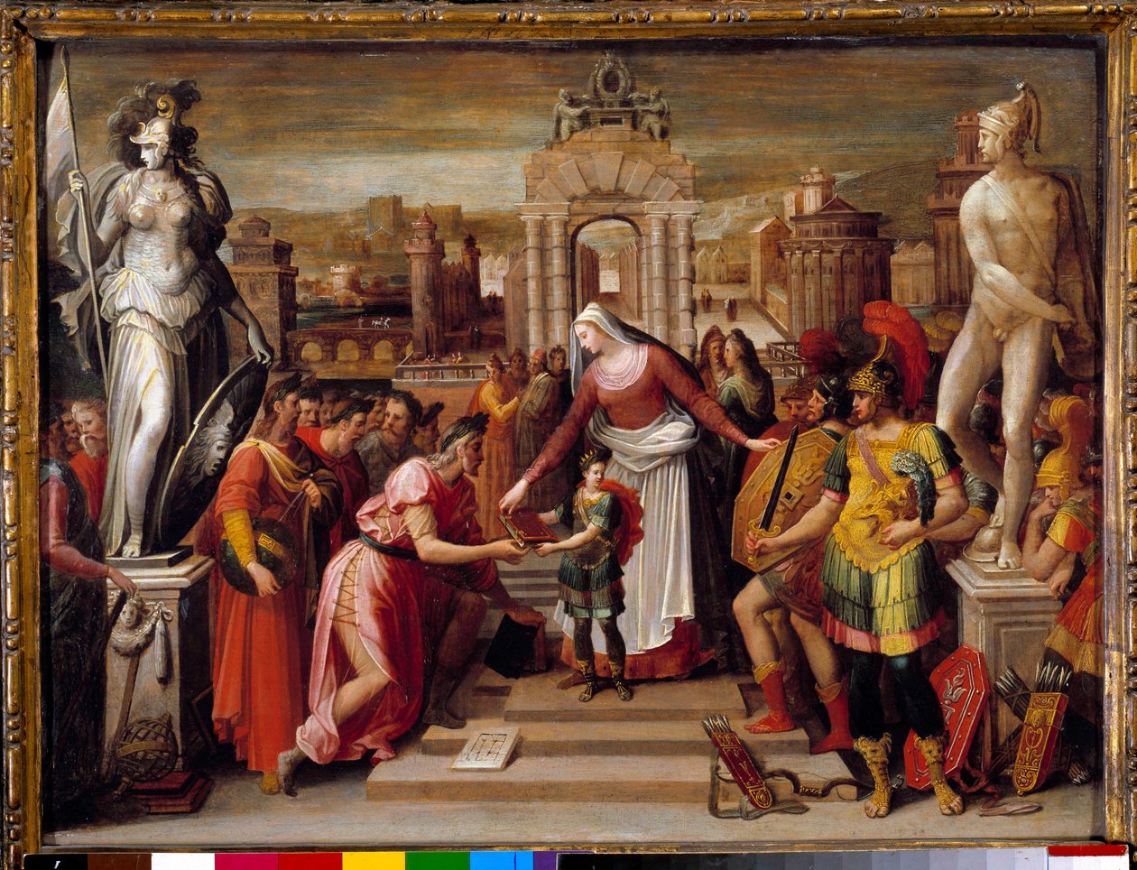 História da Rainha Artemise Iere de Halicarnasse: "A entrega do livro e a epee" Pintura de Antoine Caron (1521-1599) Sol do século XVI. 0,51x0,67 m Beauvais, Musee departemental de l